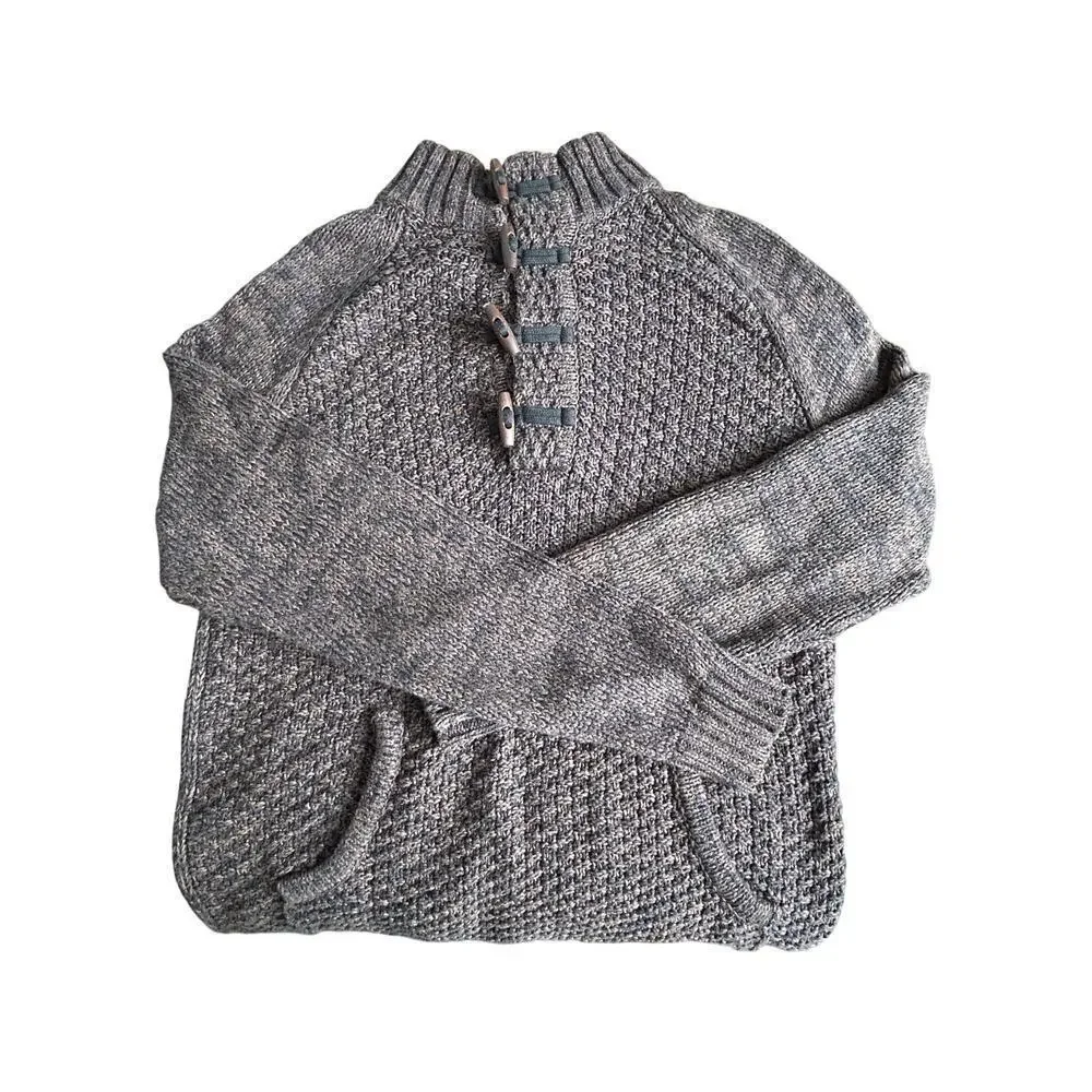 JB Holt Medium Pullover Men’s Knit Sweater Gray Cream 1/4 Toggle Kangaroo Pocket